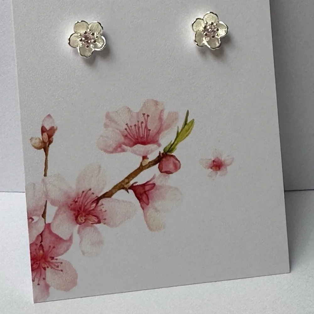 925 Sterling Silver Petite Cherry Blossom Sakura Silver Flowers Pink Diamanté - Picture 3 of 5